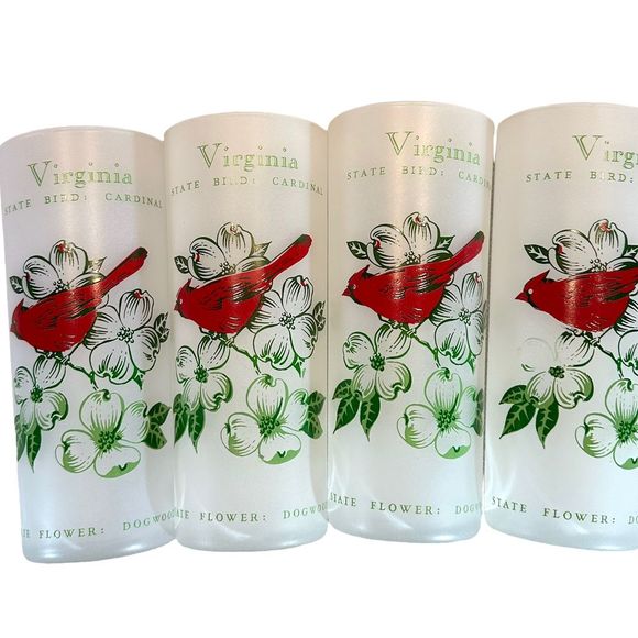 Vintage Anchor Hocking Virginia State Bird and Flower Frosted Glasses, Set of 4 - Picture 11 of 11